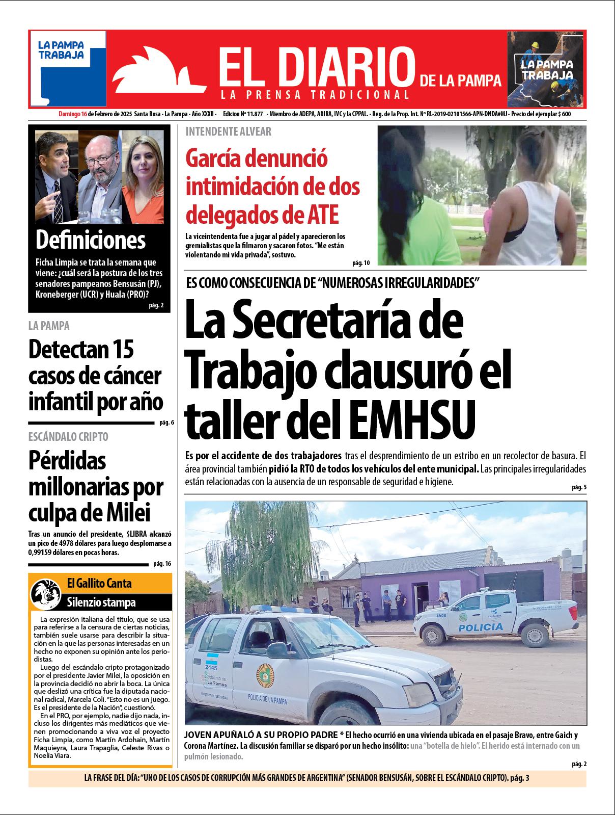 Tapa de El Diario en papel  domingo 16 de febrero de 2025